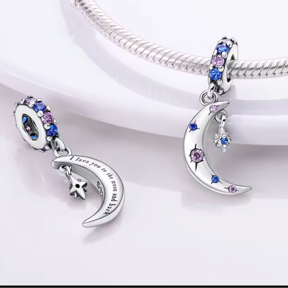Sterling Silver Moon & Star Dangle Charm with Blue and Purple Crystals